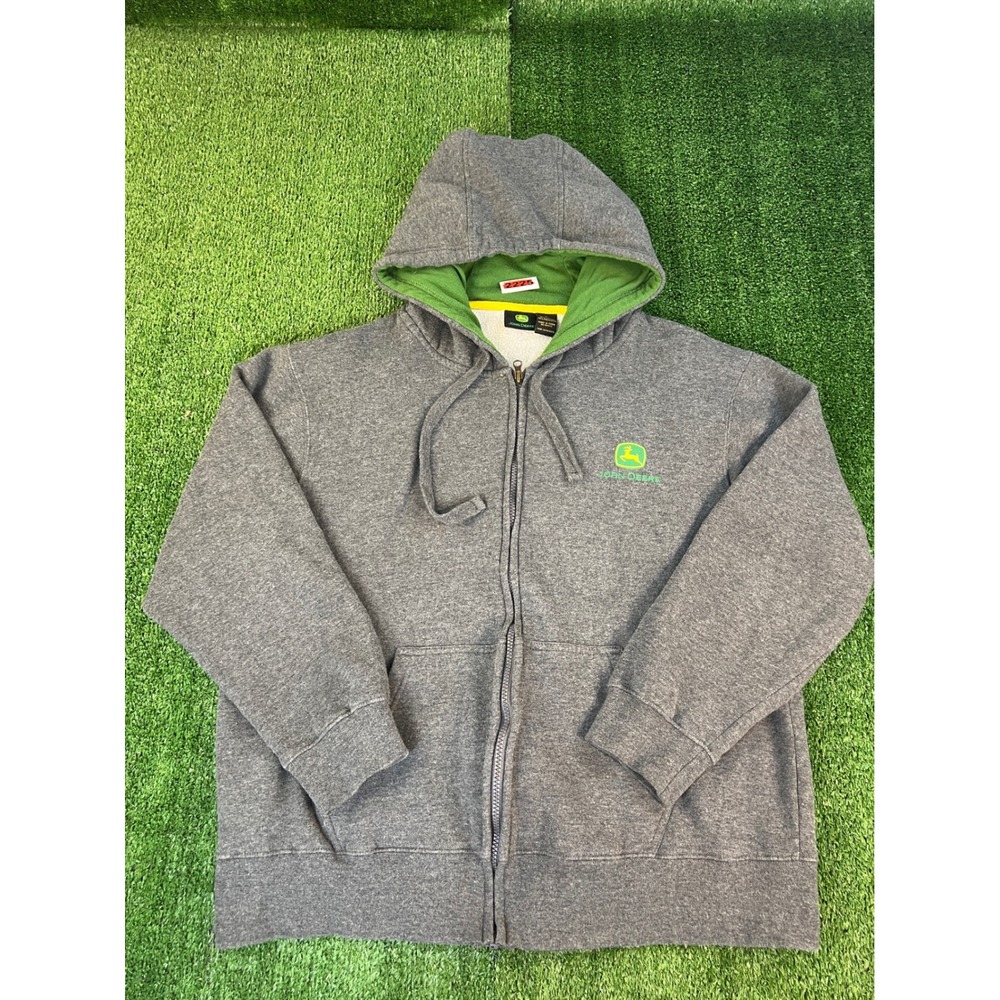 John Deere Mens Heather Gray Full Zip Graphic Hoodie Sweatshirt Large